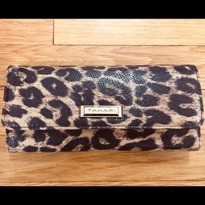Tahari TriFold Leather Leopard Print RFID Wallet